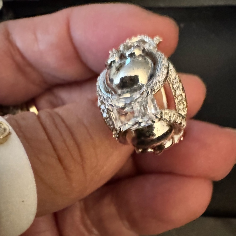 Silver Statement Ring With Clear Gemstone Skulls … - image 1